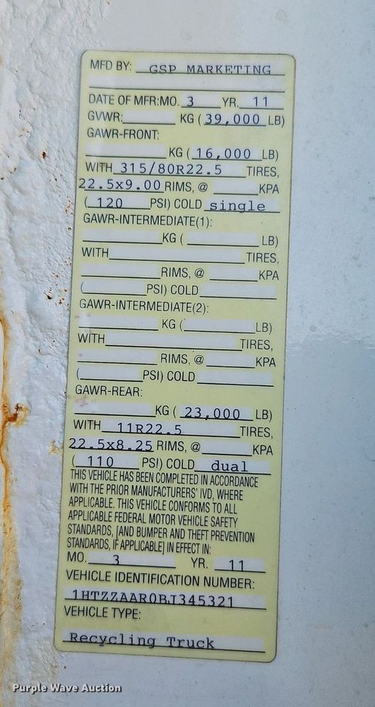 image for item OF9817 2011 International  7300 refuse truck