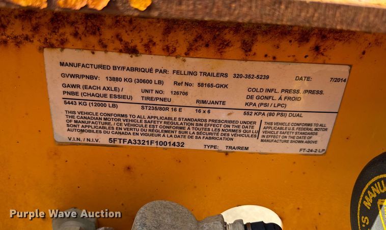 image for item OF9848 2015 Felling FT-24-2LP equipment trailer