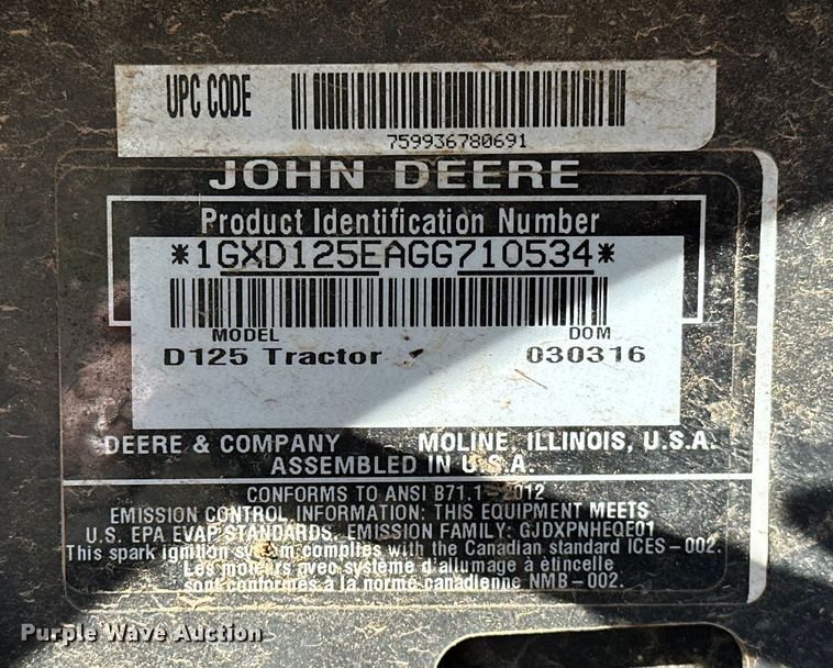 image for item OM9937 John Deere D125 lawn mower