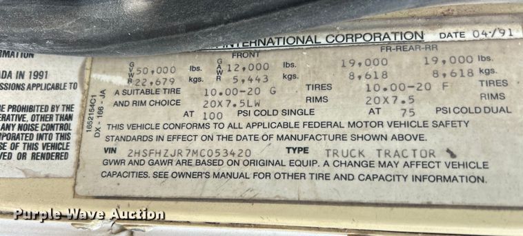 image for item EK4959 1991 International  9400 fertilizer delivery truck