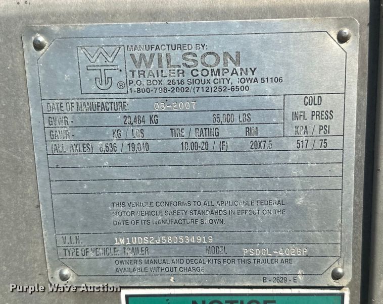 image for item DP8428 2008 Wilson PSDCL-402BP livestock trailer