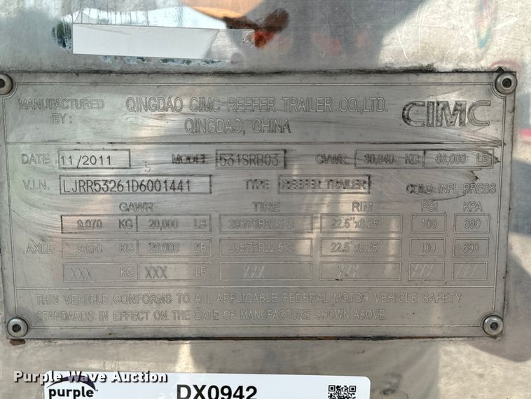 image for item DX0942 2013 CIMC 531SRB03 refrigerated van trailer