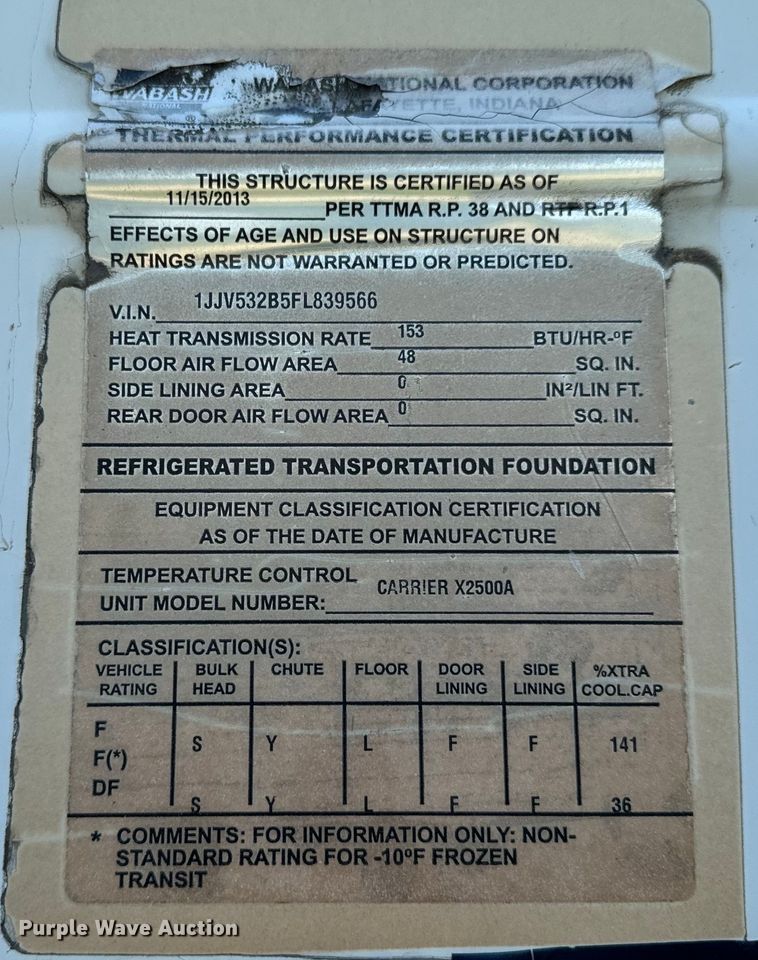 image for item DX0943 2015 Wabash refrigerated van trailer