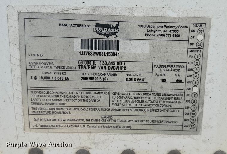 image for item EJ6362 2008 Wabash  dry van trailer