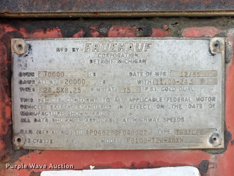 image for item EK8800 1986 Fruehauf  PB100-T2W-48XW flatbed trailer