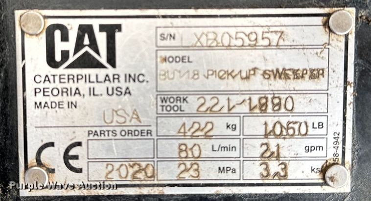 image for item DJ6248 2020 Caterpillar  BU118 skid steer sweeper