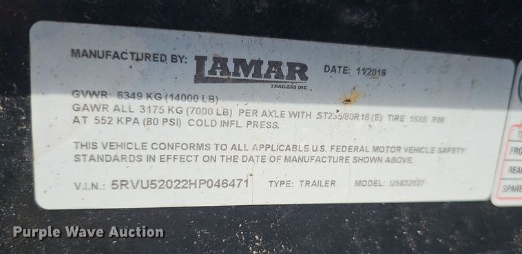 image for item DS4634 2017 Lamar Trailers Inc. U5832027 utility trailer