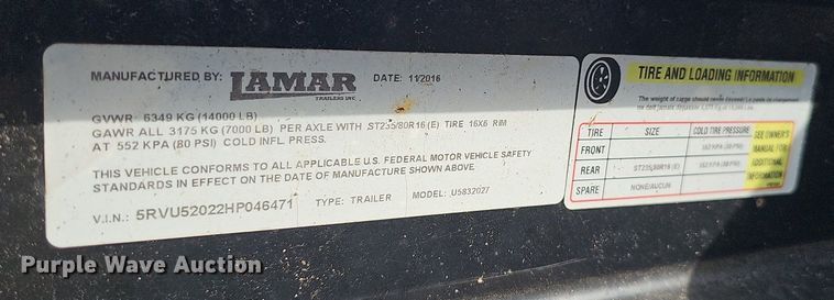 image for item DS4634 2017 Lamar Trailers Inc. U5832027 utility trailer
