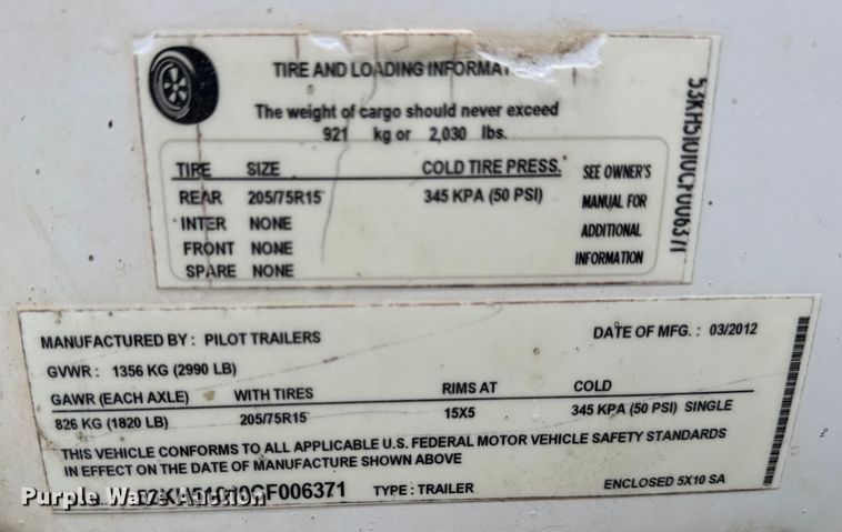 image for item LF9847 2012 Pilot Trailers  enclosed cargo trailer