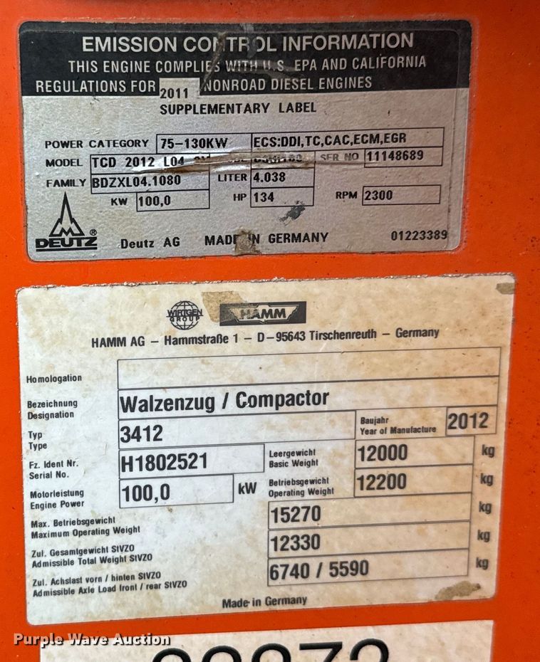 image for item LF9849 2012 Hamm 3412 single drum vibratory roller