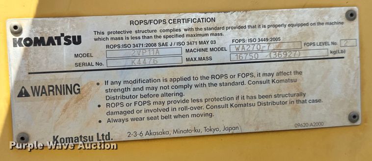 image for item LF9862 2014 Komatsu  WA270-7 wheel loader