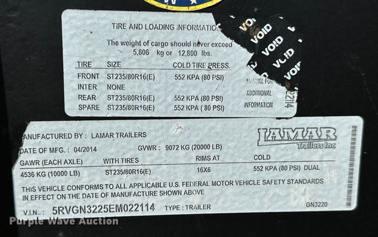 image for item MU9967 2014 Lamar  TR2 equipment trailer