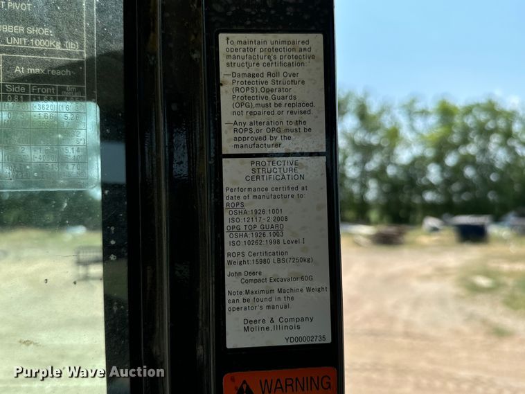 image for item MU9995 2018 John Deere  60G mini excavator