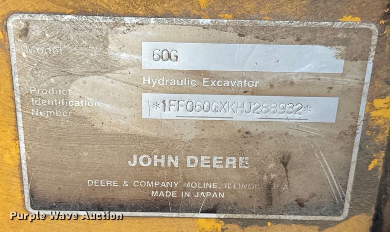 image for item MU9995 2018 John Deere  60G mini excavator