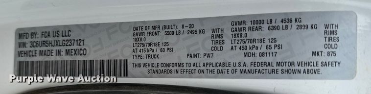 image for item MV9000 2020 Dodge Ram 2500 Crew Cab pickup truck