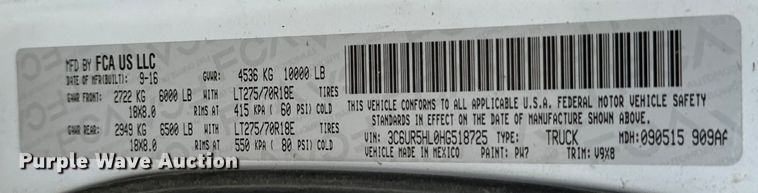 image for item MV9001 2017 Dodge Ram 2500HD Crew Cab pickup truck