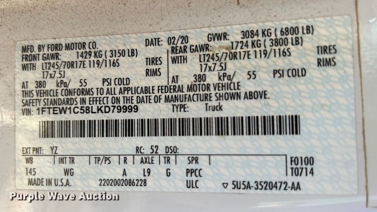 image for item DO6620 2020 Ford F150 XL SuperCrew pickup truck