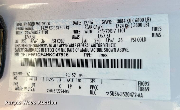 image for item DO6622 2017 Ford F150 XLT SuperCrew pickup truck