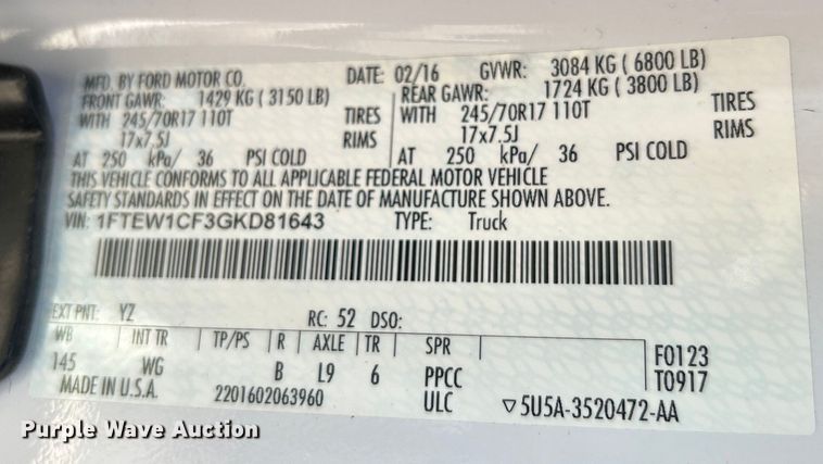 image for item DO6623 2016 Ford F150 XL SuperCrew pickup truck