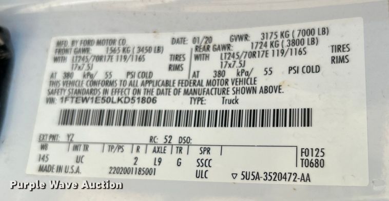 image for item DO6624 2020 Ford F150 XLT SuperCrew pickup truck