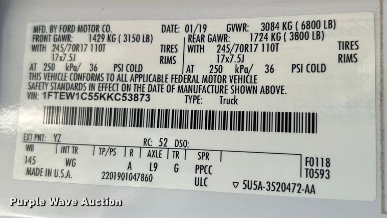 image for item DO6627 2019 Ford F150 XL SuperCrew pickup truck