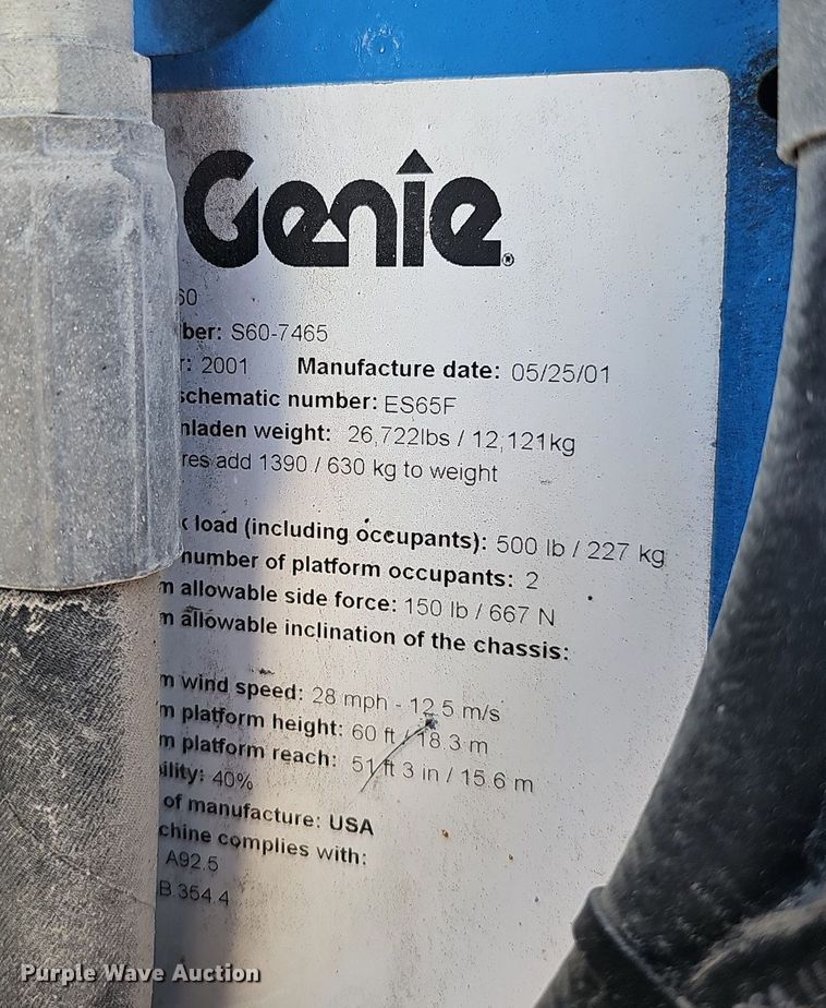 image for item DP6587 2001 Genie S60 boom lift