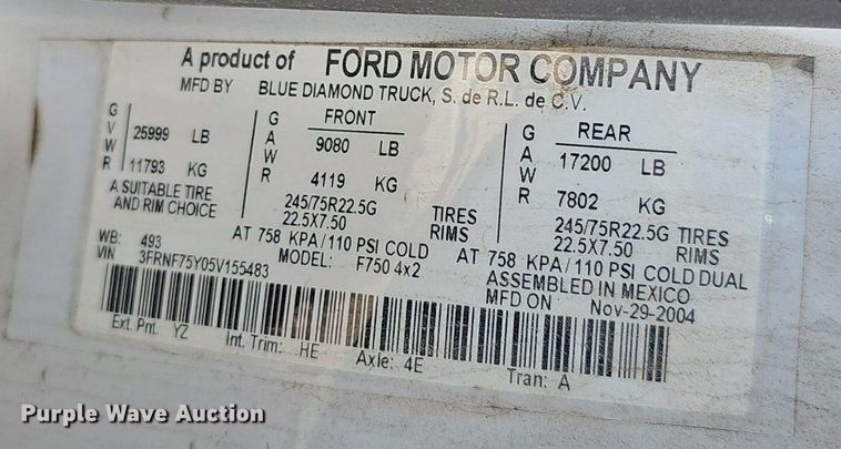 image for item DP6595 2005 Ford F750 Super Duty XL box truck