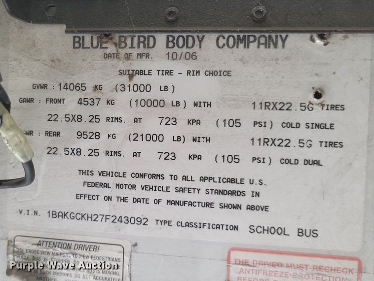 image for item DR4888 2007 Bluebird  Vision school bus