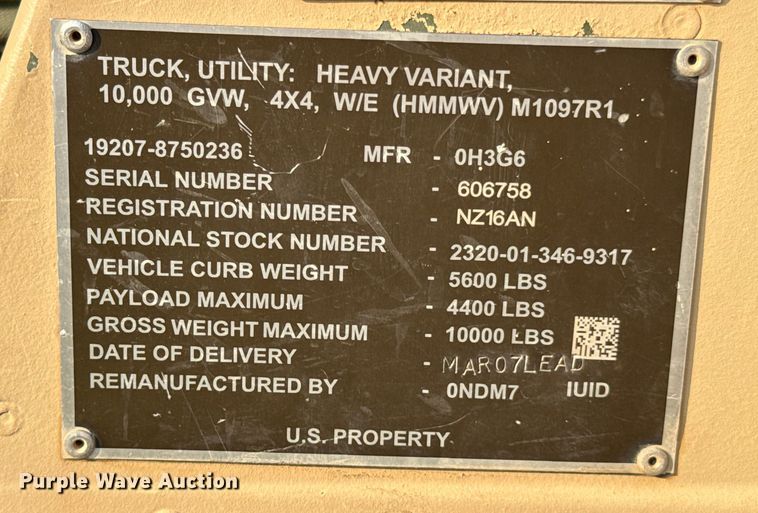 image for item DX0987 2007 AM General M1097R1 HMMWV SUV