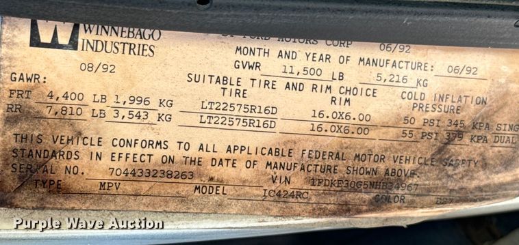 image for item DX3462 1992 Ford E350 RV