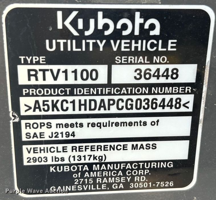 image for item EG0837 2013 Kubota RTV1100 utility vehicle
