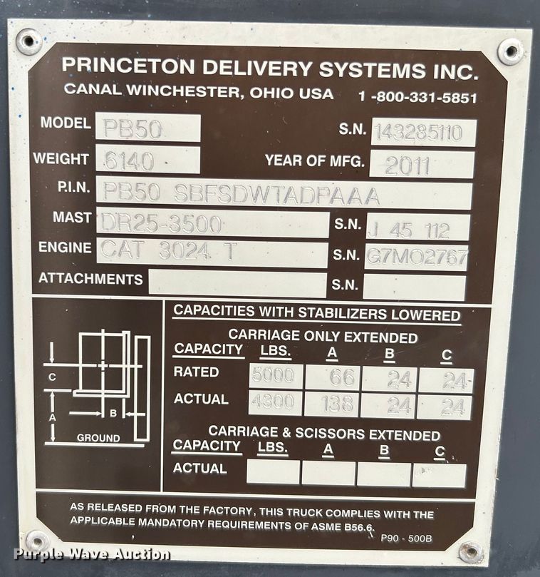 image for item EG0839 2011 Princeton Delivery Systems Inc. PB50 forklift