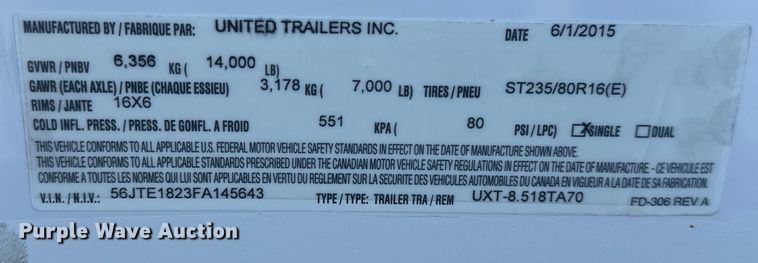 image for item EG0845 2015 United Trailers  UXT-8.518TA70 enclosed cargo trailer