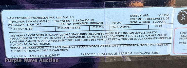 image for item EG0846 2022 Load Trail  Tandem Axle  dump trailer