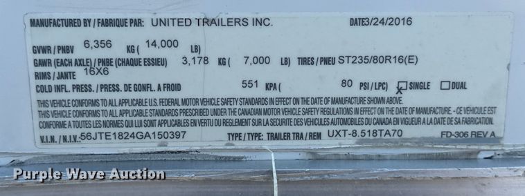 image for item EG0848 2016 United Trailers  UXT-8.518TA70 enclosed cargo trailer