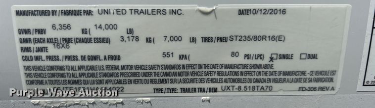 image for item EG0863 2017 United Trailers, Inc. UCT-8.518TA79 enclosed cargo trailer