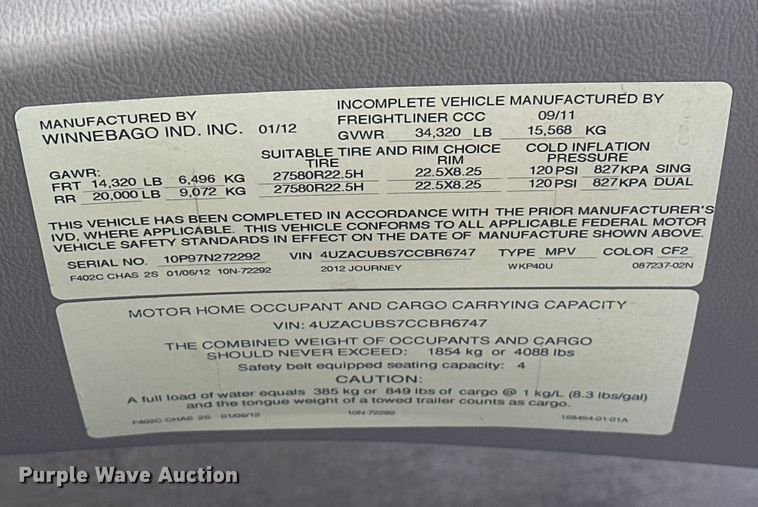 image for item EJ4439 2012 Winnebago  Journey  RV