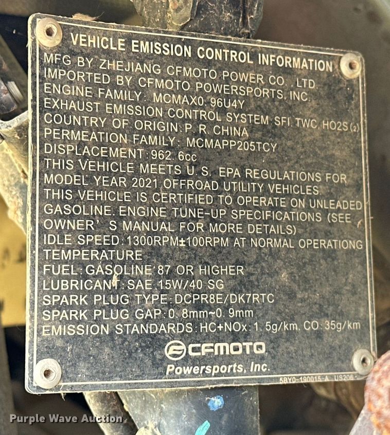 image for item EJ4445 2021 Zhejiang CFMoto  ZForce 950 Sport  utility vehicle