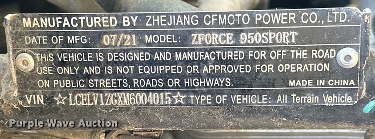 image for item EJ4445 2021 Zhejiang CFMoto  ZForce 950 Sport  utility vehicle