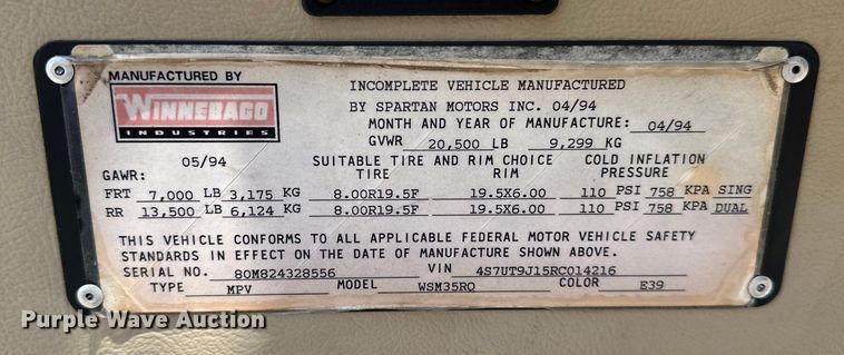 image for item EJ4448 1994 Winnebago  Vectra RV