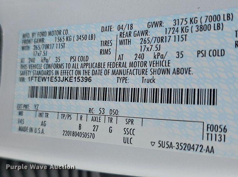 image for item EJ5772 2018 Ford F150 SuperCrew pickup truck