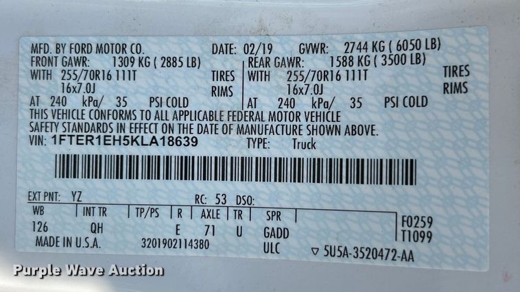 image for item EK4970 2019 Ford Ranger XL SuperCab pickup truck