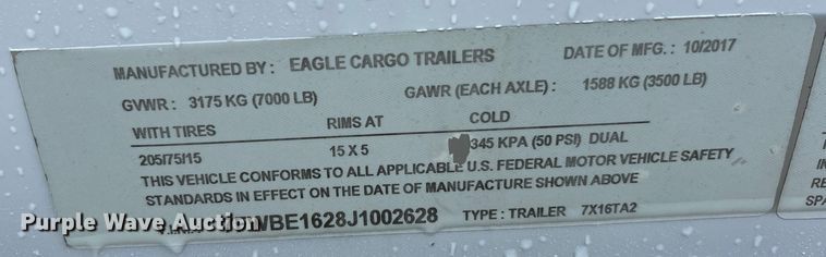 image for item EK4990 2018 Eagle  7X16TA2 enclosed cargo trailer