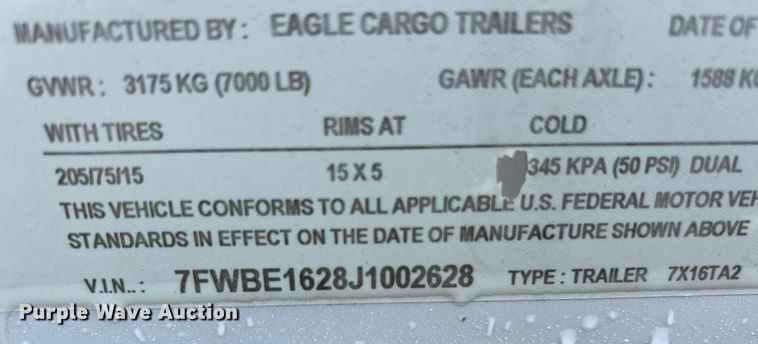 image for item EK4990 2018 Eagle  7X16TA2 enclosed cargo trailer