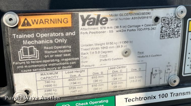 image for item EK8849 Yale GLC070VXNGSE090 forklift