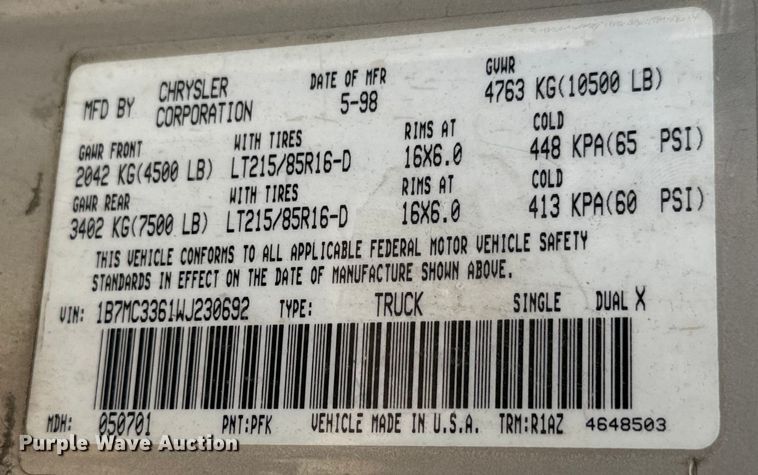 image for item LF9842 1998 Dodge Ram 3500 Laramie SLT Quad Cab dump bed pickup truck