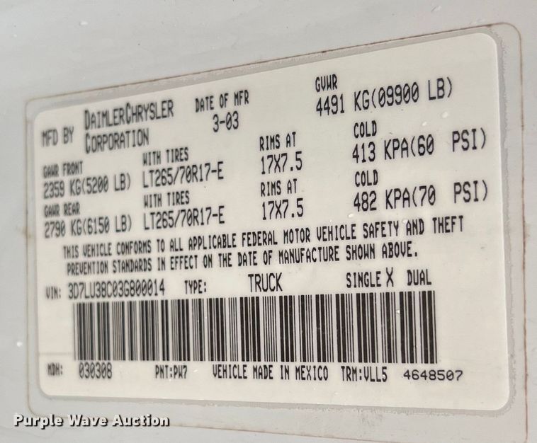 image for item LV9025 2003 Dodge Ram 3500 Quad Cab pickup truck