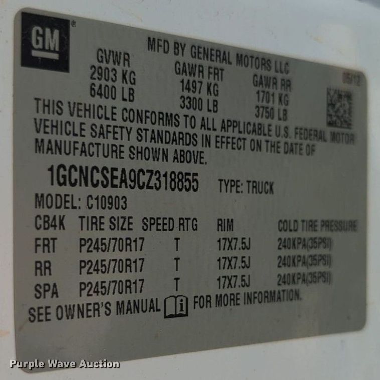 image for item NW9599 2012 Chevrolet 2SC pickup truck