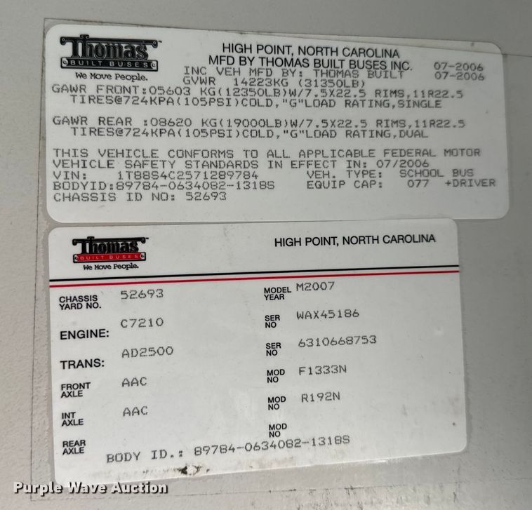 image for item OF9853 2007 Thomas Built school bus