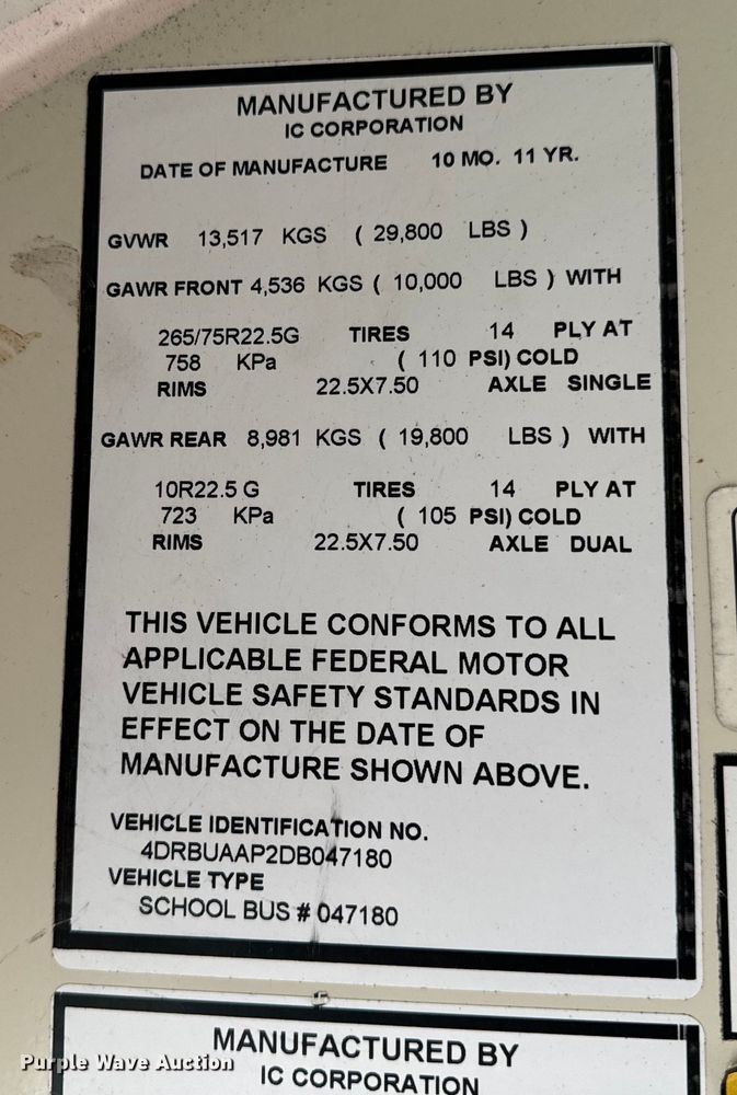 image for item OF9854 2013 IC Corporation  PB10500 school bus